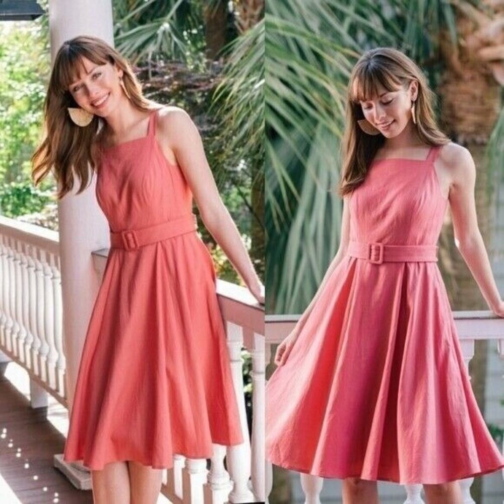 Gal Meets Glam Ruth Pink Linen Square Neck Belted Summer Dress Size 8P